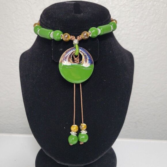 Green Ethnic Necklace Ceramic Beads Adjustable Fashion Necklace Bohemian tassel - Picture 6 of 9